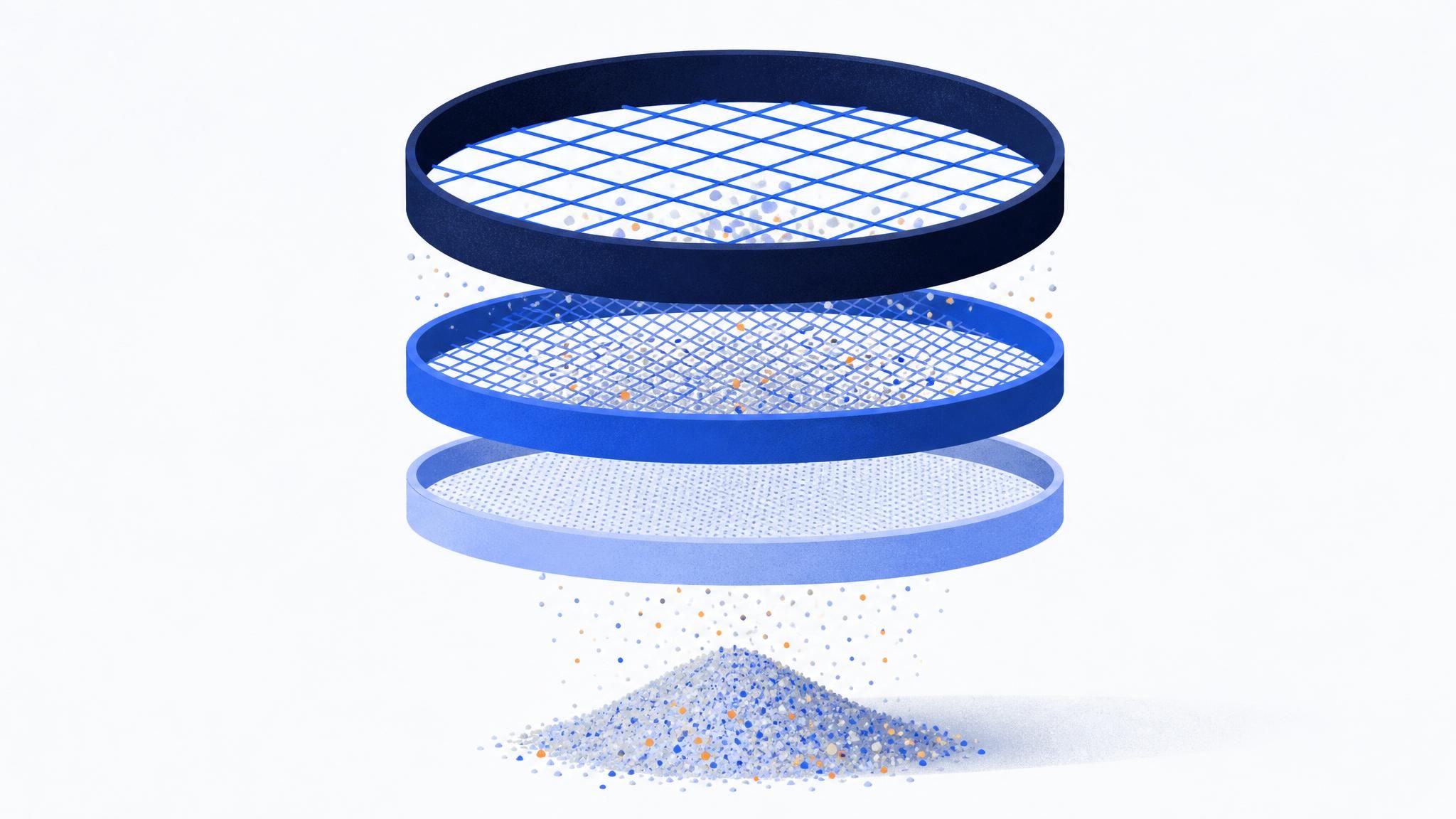 구멍 크기가 다른 체 세 개가 겹쳐 있고 가장 성긴 체에서만 모래가 흘러내리는 장면