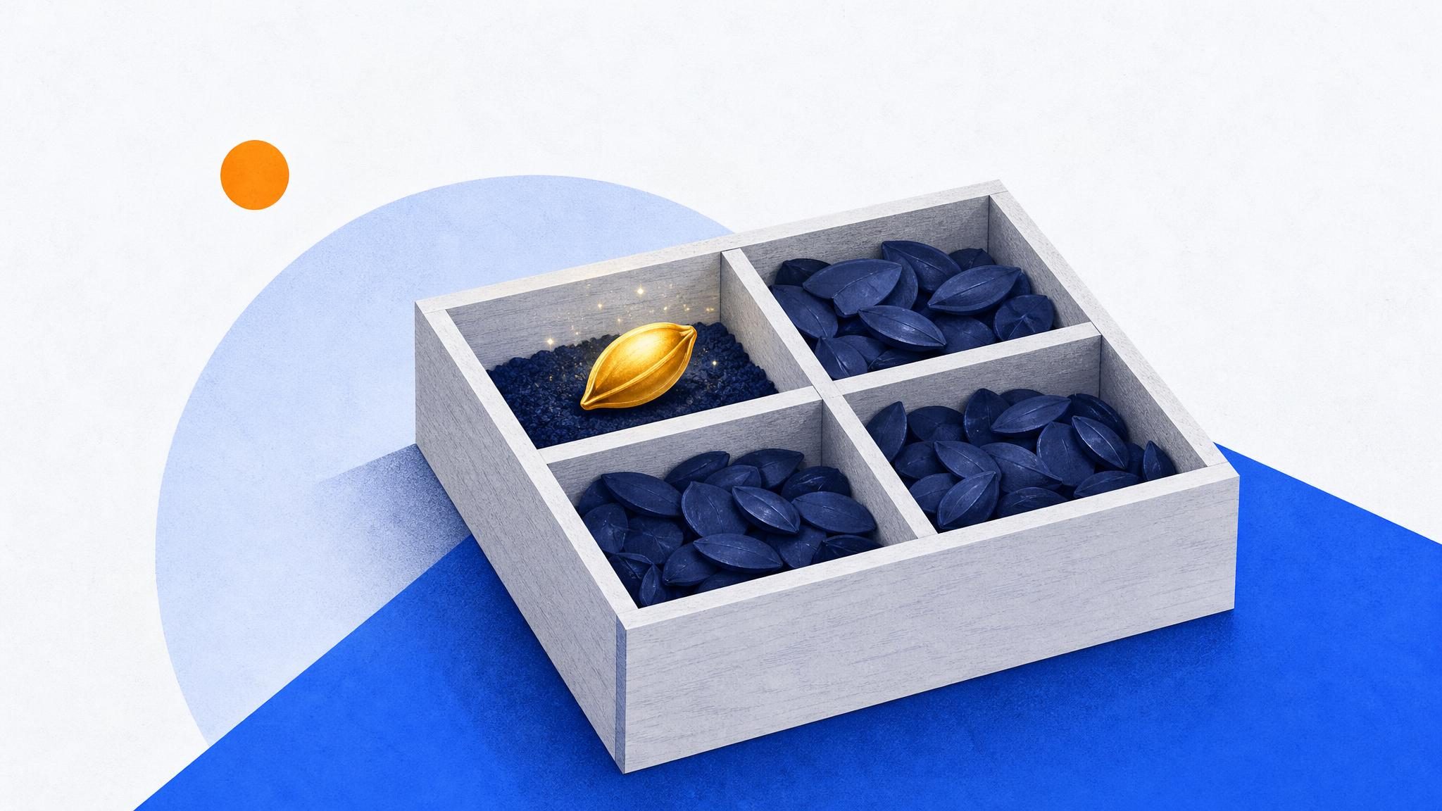 네 칸으로 나뉜 나무 상자 중 한 칸에만 금빛 씨앗이 담겨 있는 장면